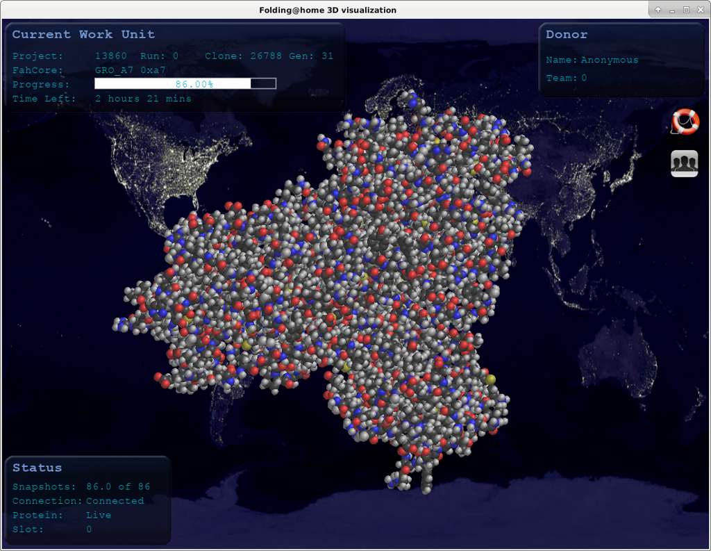 FAHViewer rendering of the SARS-CoV-2 main protease being simulated atom by atom