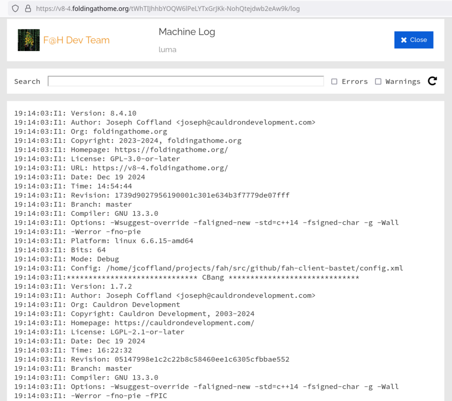 Log Viewer showing client log lines, with Search, Errors and Warnings filter checkboxes, Reset, and Follow controls