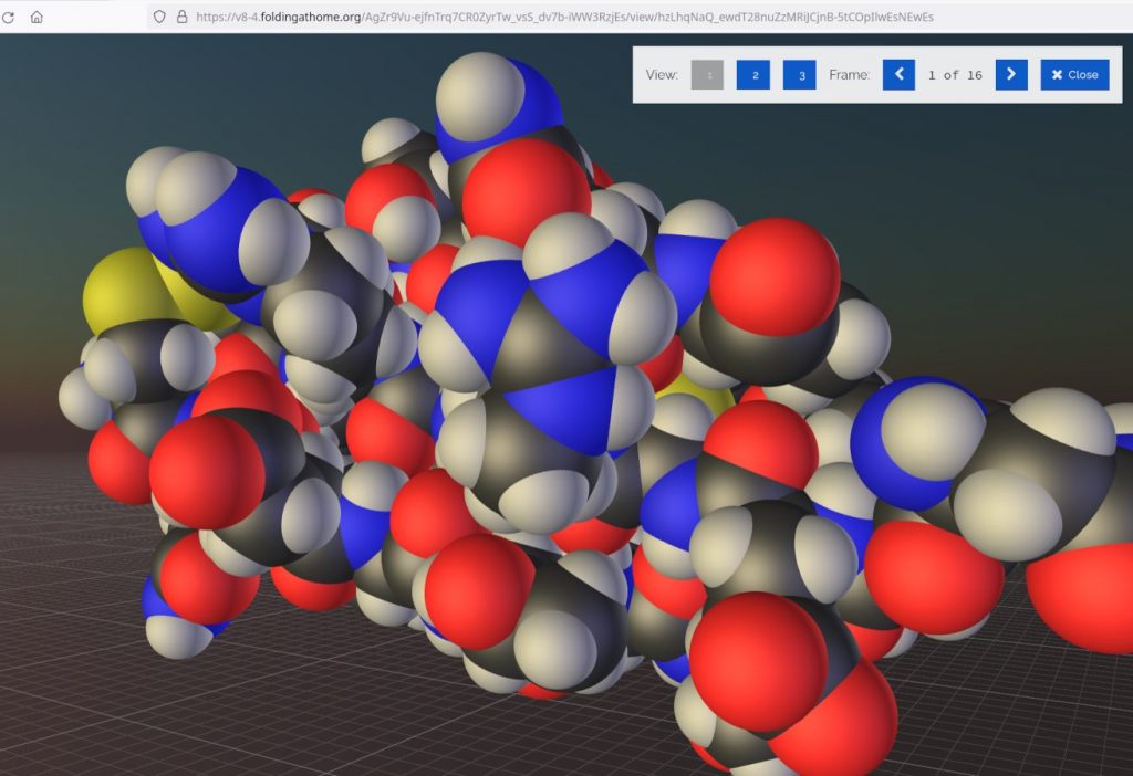 3D protein viewer rendering a folded protein structure, with mode buttons and frame controls