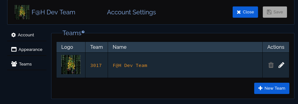 The Teams tab in Account Settings, listing your teams with edit and delete actions and a New Team button