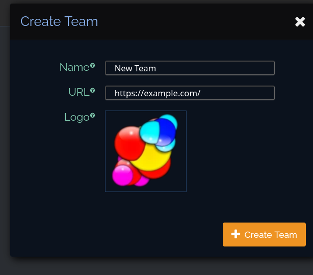 The Create Team dialog with Name, URL, and Logo fields and a Create Team button